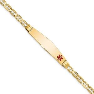 14k Yellow Gold Medical Soft Diamond Shape Red Enamel Anchor Link ID Bracelet 7"